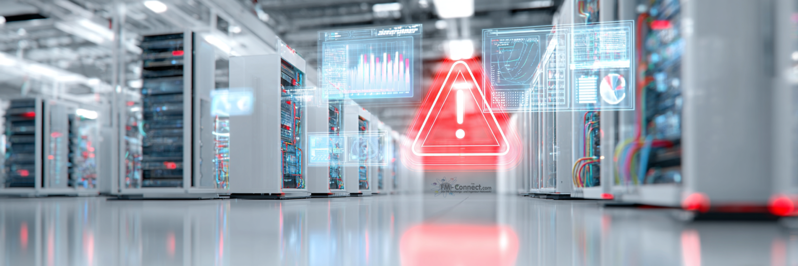 Eine Illustration einer IT-Expertin, die verschiedene Gefahrensymbole und Risikofaktoren in einem Technikraum analysiert, um eine systematische Gefährdungsbeurteilung für die Umwidmung von Rechenzentr